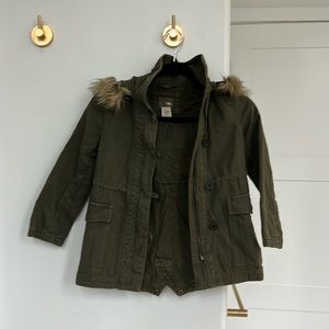 J-crew kids army green parka with faux fur hood trim